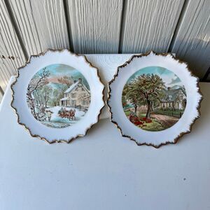 VTG Currier & Ives Autumn & Winter Plates 7.25” Gold Trim Wall Decor Set of 2